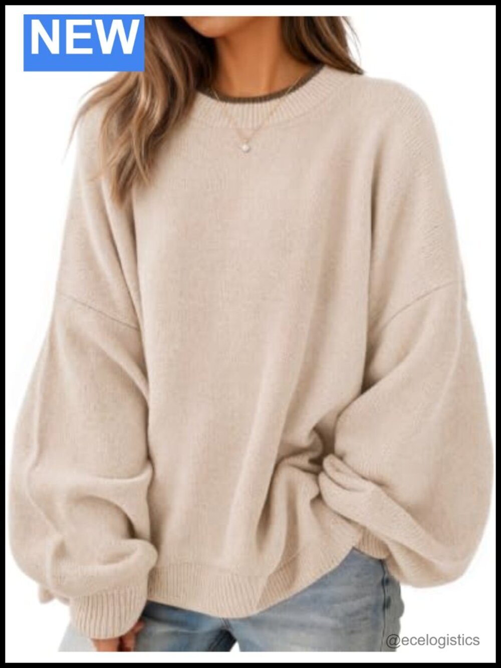 Oversized Crewneck Pullover Sweater with Batwing Sleeves